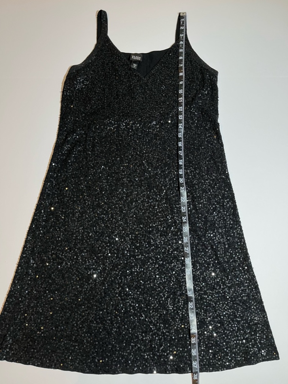 Eileen Fisher Black Sequin Silk Blend Sleeveless Shift Short Dress V Neck Medium - Picture 8 of 10